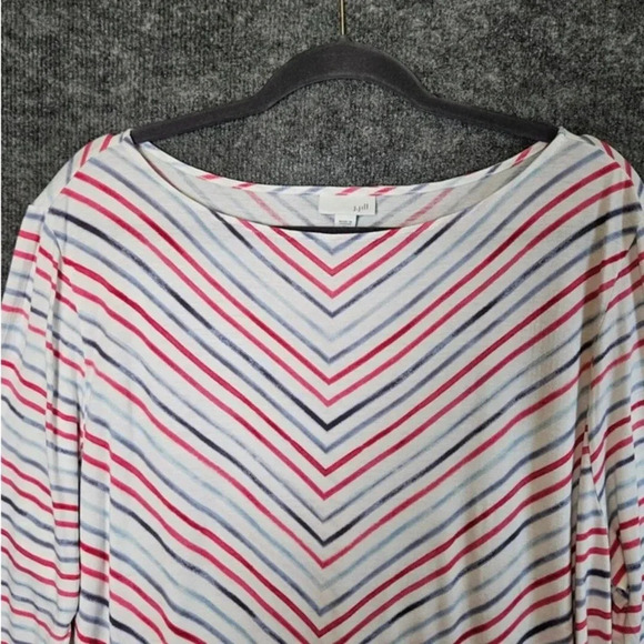 J Jill Knit Top Womens XL Red Gray Chevron Stripe Boat Neck Coastal Tunic Boxy - Picture 12 of 13